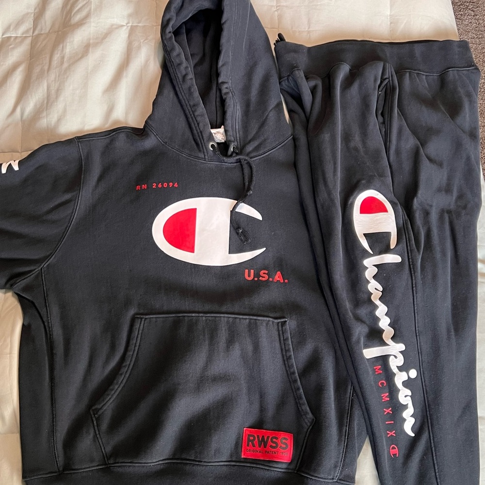 Champion Black Hoodie and Joggers with Red and White Logo